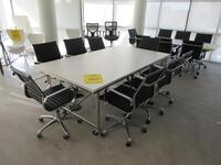 WHITE CONFERENCE TABLE WITH METAL LEGS ON CASTERS 7' X 4' X 29", (8) BLACK AND CHROME CHAIRS, (2ND FLOOR)