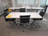 WHITE CONFERENCE TABLE WITH METAL LEGS ON CASTERS 6' X 3' X 29", (4) BLACK AND CHROME CHAIRS, (2ND FLOOR)