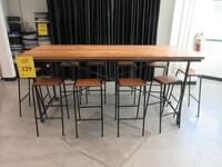 WOOD TABLE WITH METAL FRAME ON CASTERS W/ 10 BARSTOOLS 8' X 3' X 43", (2ND FLOOR)