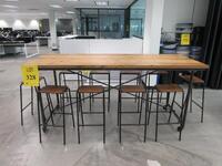 WOOD TABLE WITH METAL FRAME ON CASTERS W/ 10 BARSTOOLS 8' X 3' X 43", (2ND FLOOR)