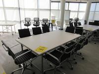 WHITE CONFERENCE TABLE WITH METAL LEGS ON CASTERS 7' X 4' X 29", (8) BLACK AND CHROME CHAIRS, (2ND FLOOR)