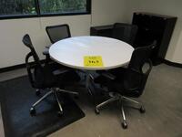 48" ROUND WHITE TABLE WITH METAL LEGS AND (4) BLACK @ THE OFFICE CHAIRS, (2ND FLOOR)