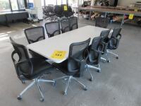 WHITE CONFERENCE TABLE WITH METAL LEGS ON CASTERS 8' X 3' X 29", (10) AT THE OFFICE CHAIRS, (3RD FLOOR)