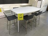 6'FT LONG WHITE TABLE WITH (6) BLACK/CHROME HIGH CHAIRS, 41" HEIGHT, (2ND FLOOR)