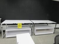 LOT (2) WHITE DISPLAY TABLES WITH CHROME FRAME AND ROLLING CABINET, 67" X 35" X 34", (1ST FLOOR)