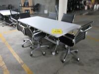 WHITE CONFERENCE TABLE WITH METAL LEGS ON CASTERS 7' X 3' X 29", (6) BLACK AND CHROME CHAIRS, (2P PARKING LOT)