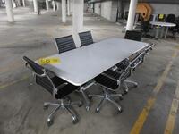 WHITE CONFERENCE TABLE WITH METAL LEGS ON CASTERS 8' X 3' X 29", (6) BLACK AND CHROME CHAIRS, (2P PARKING LOT)