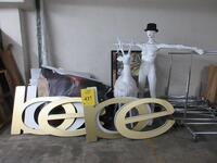 LOT ASST'D BEBE SIGNS, CLOTHES RACKS, REINDEER AND FEMALE MANNEQUINS, (1P PARKING LOT)