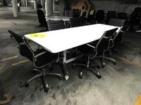 WHITE CONFERENCE TABLE WITH METAL LEGS ON CASTERS 8' X 3' X 29", (6) BLACK AND CHROME CHAIRS, (2P PARKING LOT)