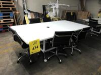 WHITE WOOD CONFERENCE TABLE WITH GLASS TOP AND METAL LEGS ON CASTERS 8' X 4' X 31", (6) BLACK AND CHROME CHAIRS, (1P PARKING LOT)