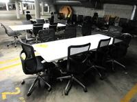 WHITE CONFERENCE TABLE WITH METAL LEGS ON CASTERS 8' X 3' X 29", (8) AT THE OFFICE CHAIRS, (2P PARKING LOT)