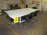 WHITE WOOD CONFERENCE TABLE WITH GLASS TOP AND METAL LEGS ON CASTERS 8' X 4' X 31", (6) BLACK AND CHROME CHAIRS, (1P PARKING LOT)