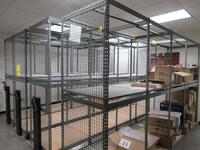 PIPP SLIDING TRACKED STORAGE SYSTEM ON RAILS W/ (3) ROLLING SHELVES 158.5" X 3' X 8', (1) FIXED SHELVES 3' X 158.5" X 8', 13' LONG AND (6) SECTIONS OF METAL SHELVING, (1ST FLOOR STUDIO)