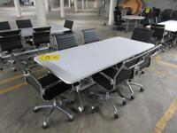 WHITE CONFERENCE TABLE WITH METAL LEGS ON CASTERS 7' X 3' X 29", (6) BLACK AND CHROME CHAIRS, (2P PARKING LOT)