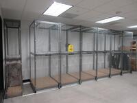 PIPP SLIDING TRACKED STORAGE SYSTEM ON RAILS W/ (6) ROLLING SHELVES 4' X 3' X 8', 22' LONG AND (2) SECTIONS OF METAL SHELVING, (1ST FLOOR STUDIO)