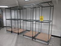 PIPP SLIDING TRACKED STORAGE SYSTEM ON RAILS W/ (5) ROLLING SHELVES 4' X 3' X 8', 15' LONG AND (2) SECTIONS OF METAL SHELVING, (1ST FLOOR STUDIO)