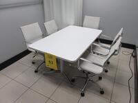 WHITE CONFERENCE TABLE WITH METAL LEGS 5' X 3' X 29", (5) WHITE AND CHROME CHAIRS, (1ST FLOOR)