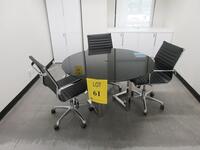 48" ROUND CONFERENCE TABLE WITH GLASS BLACK TOP AND METAL BASE W/ (4) BLACK AND CHROME CHAIRS , (1ST FLOOR)