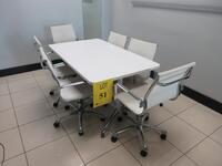 WHITE CONFERENCE TABLE WITH METAL LEGS ON CASTERS 5' X 3' X 29", (6) WHITE AND CHROME CHAIRS, (1ST FLOOR)