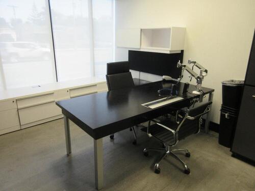STEELCASE WOOD DESK 7' X 3' X 30" W/ WHITE WOOD CREDENZA 9' X 2' X 23", 5' OVER HEAD UNIT, 2 DRAWER LATERAL FILE AND BLACK OFFICE CHAIR, (1ST FLOOR)