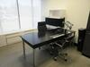 STEELCASE WOOD DESK 7' X 3' X 30" W/ WHITE WOOD CREDENZA 9' X 2' X 23", 5' OVER HEAD UNIT, 2 DRAWER LATERAL FILE AND BLACK OFFICE CHAIR, (1ST FLOOR)