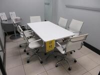 WHITE CONFERENCE TABLE WITH METAL LEGS 5' X 3' X 29", (6) WHITE AND CHROME CHAIRS, (1ST FLOOR)