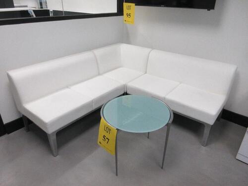 WHITE ENCORE ALLANTE WHITE ARMLESS LOVESEAT 6' x 6' x 31", W/ ALUMINUM LEGS, AND COFFEE TABLE WITH GLASS TOP, (1ST FLOOR)