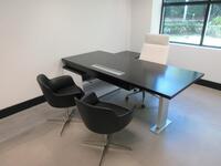 STEELCASE WOOD BLACK AND WHITE L - SHAPE DESK W/ RIGHT RETURN AND POWER DISTRIBUTION UNIT 78" X 72" X 30" W/ WHITE OFFICE CHAIR AND (2) BLACK SIDE CHAIRS, WOOD CREDENZA W/ OVERHEAD UNIT AND LIGHT 108" X 2' X 29" (1ST FLOOR)