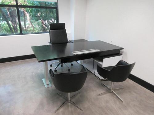 STEELCASE WOOD BLACK AND WHITE L - SHAPE DESK W/ LEFT RETURN AND POWER DISTRIBUTION UNIT 78" X 72" X 30" W/ BLACK OFFICE CHAIR AND (2) BLACK SIDE CHAIRS, WOOD CREDENZA W/ OVERHEAD UNIT AND LIGHT 108" X 2' X 29", (1ST FLOOR)