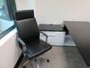 STEELCASE WOOD BLACK AND WHITE L - SHAPE DESK W/ LEFT RETURN AND POWER DISTRIBUTION UNIT 78" X 72" X 30" W/ BLACK OFFICE CHAIR AND (2) BLACK SIDE CHAIRS, WOOD CREDENZA W/ OVERHEAD UNIT AND LIGHT 108" X 2' X 29", (1ST FLOOR) - 2