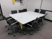 RECTANGULAR CONFERENCE TABLE WITH 1/2" WHITE GLASS TOP WITH METAL BASE 7' X 5' X 29", AND (10) BLACK AND CHROME CHAIRS, (1ST FLOOR)