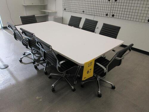 WHITE CONFERENCE TABLE WITH METAL LEGS ON CASTERS 8' X 4' X 29", (8) BLACK AND CHROME CHAIRS, (1ST FLOOR)