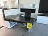 STEELCASE WOOD BLACK AND WHITE DESK L - SHAPE DESK W/ RIGHT RETURN AND POWER DISTRIBUTION UNIT 7' X 8' , CREDENZA 6' X 2' X 29", OVERHEAD CABINET AND BLACK HIGH BACK CHAIR, (2ND FLOOR)