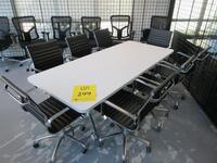 WHITE CONFERENCE TABLE WITH METAL LEGS ON CASTERS 7' X 3' X 29", (8) BLACK AND CHROME CHAIRS, (2ND FLOOR)