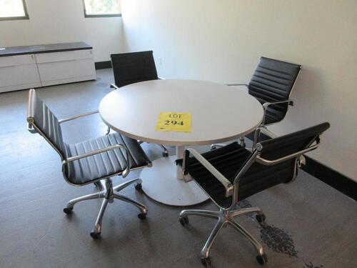 4' WHITE ROUND TABLE WITH WHITE TOP AND (4) BLACK AND CHROME CHAIRS, (2ND FLOOR)