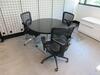 STEELCASE WOOD WHITE DESK L - SHAPE DESK W/ LEFT RETURN AND POWER DISTRIBUTION UNIT AND CHAIR 90" X 72" W/ OVERHEAD CABINET, CREDENZA 9' X 2' X 23", STEELCASE 32" BLACK TOP ROUND TABLE W/ (3) BLACK OFFICE CHAIRS, AND STEELCASE 3 DOOR LATERAL, (2ND FLOOR) - 3