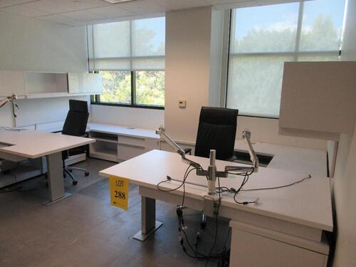 STEELCASE 2 PERSON WORK STATION W/ OVERHEAD CABINETS AND 2 HIGH BACK CHAIRS, (2ND FLOOR)