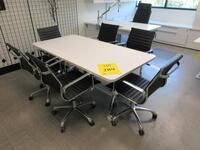 WHITE CONFERENCE TABLE WITH METAL LEGS ON CASTERS 6' X 3' X 29", (6) BLACK AND CHROME CHAIRS, (2ND FLOOR)