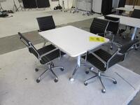 WHITE CONFERENCE TABLE WITH METAL LEGS ON CASTERS 4' X 3' X 29", (4) BLACK AND CHROME CHAIRS, (1ST FLOOR STUDIO)