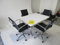 WHITE CONFERENCE TABLE WITH METAL LEGS ON CASTERS 4' X 3' X 29", (4) BLACK AND CHROME CHAIRS, (1ST FLOOR STUDIO)