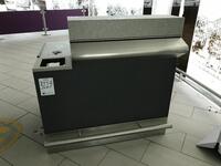 Left side security information desk. Stainless steel frontage and kick bar. Lockable cupboard and storage shelf. Width 1200mm, depth 900mm, height 120