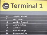 Airline information board, mounted on a acrylic sheet, showing last airlines to use T1. (tombstone holder not included in sale)